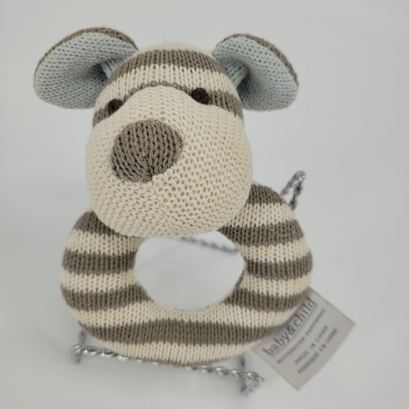Restoration Hardware Baby Luxe Knit Puppy Dog Rattle Stripe Taupe Blue Off White - Picture 1 of 15